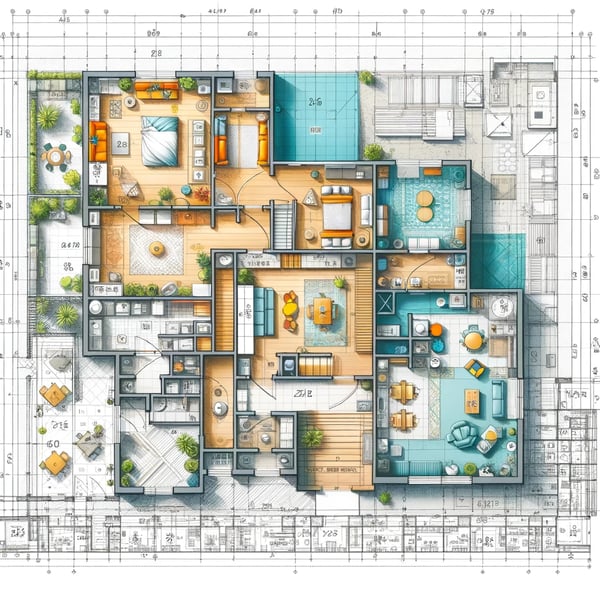 DALL·E 2024-02-20 17.56.06 - Illustration dun plan de niveau pour un projet immobilier. Le plan doit représenter une vue en coupe dun bâtiment, affichant une variété de pièces e