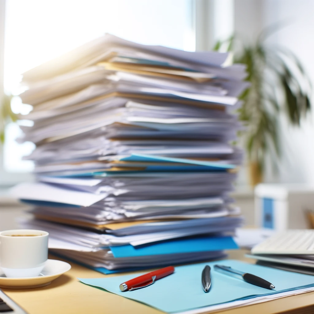 DALL·E 2024-02-13 18.31.46 - Une image montrant une grosse pile de documents et de dossiers empilés de manière désordonnée sur un bureau. La scène se déroule dans un bureau bien é
