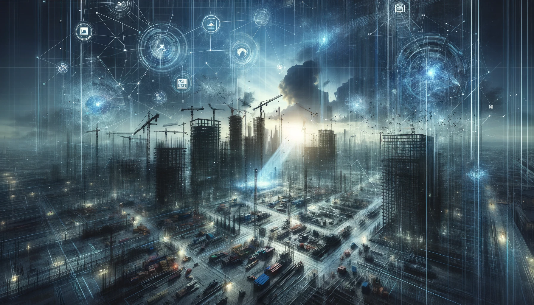 DALL·E 2024-02-20 18.37.35 - Réseau de communication futuriste sur fond de chantier de construction, avec un ciel bleu parsemé de nuages et des nuances sombres. La scène doit mont DALL·E 2024-02-20 18.37.35 - Réseau de communication futuriste sur fond de chantier de construction, avec un ciel bleu parsemé de nuages et des nuances sombres. La scène doit mont